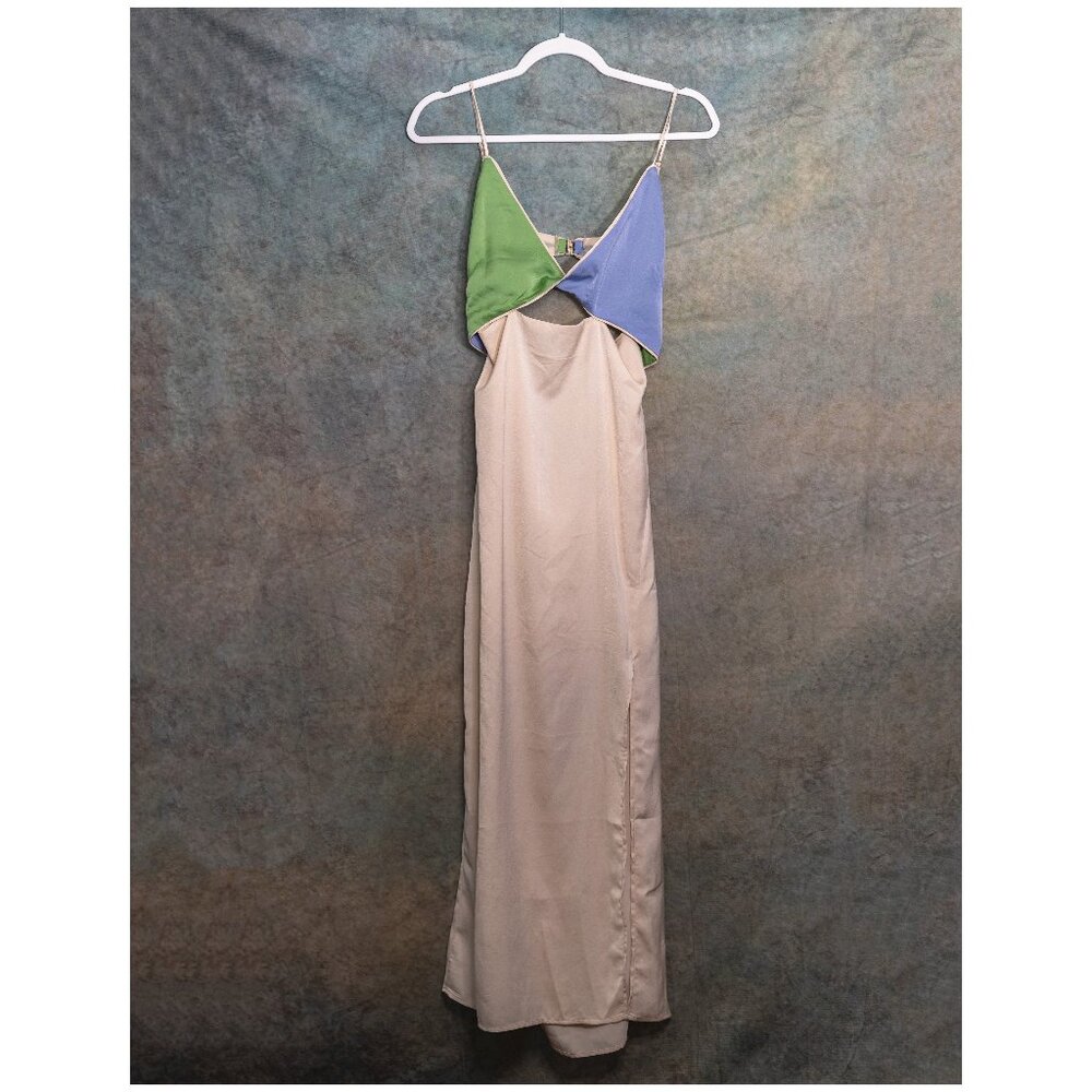 Colorblock Satin Maxi Dress with Green and Blue Bodice